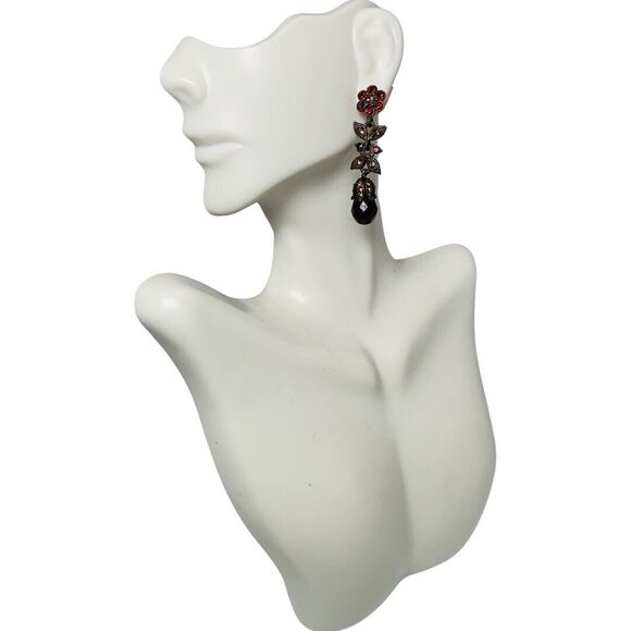 Hobe Red Flower Dangle Drop Earrings 2" Crystal Jewels Of Legendary Splendor - Picture 6 of 13